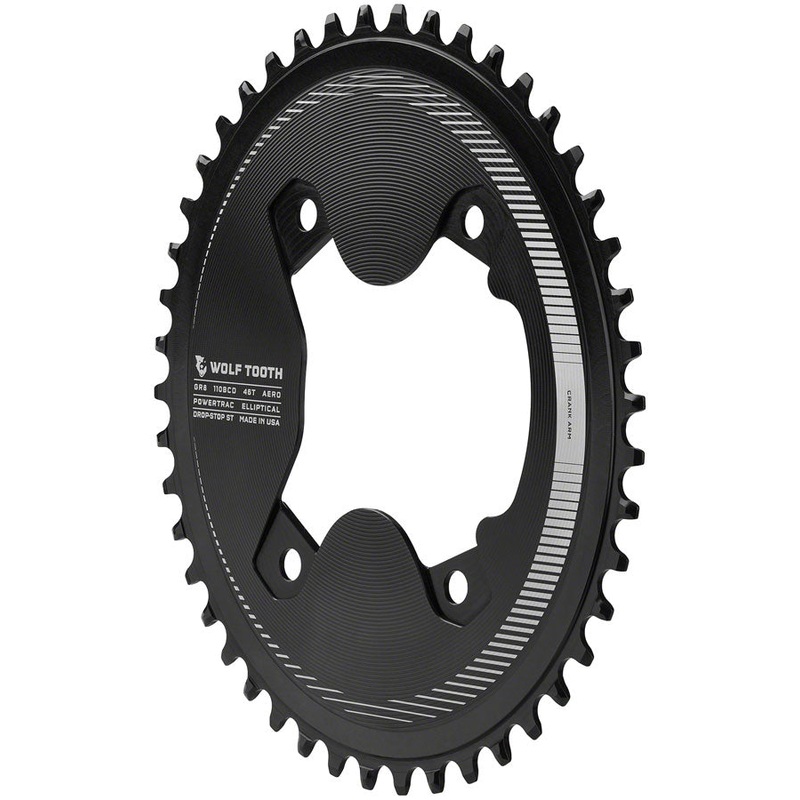 Wolf Tooth Elliptical Aero 110 Asymmetric BCD Chainring – 46t, 110 Asymmetric BCD, 4-Bolt, Drop-Stop ST, For Shimano GRX 800 Series, Black