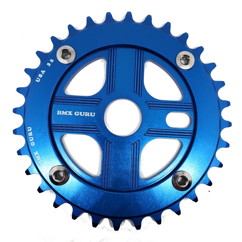BMXGuru 32T Aluminum Spider & 4-bolt Chainring Combo – Blue over Blue – USA Made