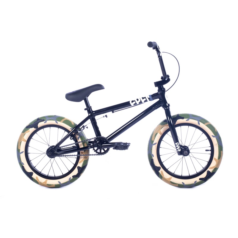 Cult Juvenile 16″ BMX Freestyle Bike-Black/Green Camo Tires