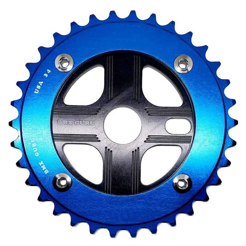 BMXGuru 34T Aluminum Spider & 4-bolt Chainring Combo – Blue over Black – USA Made
