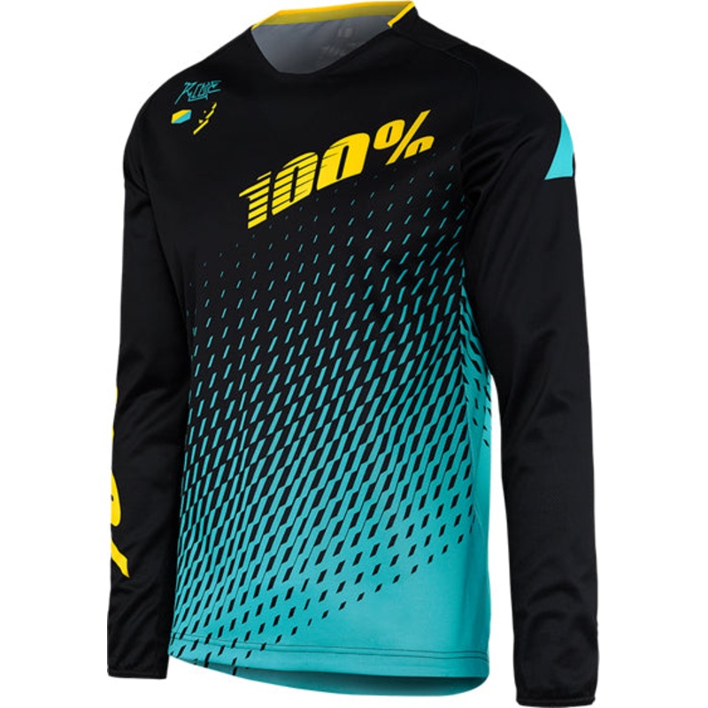 100% R-Core Downhill BMX Race Jersey-Supra Black/Cyan Adult Small