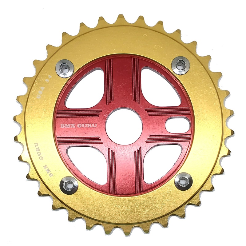 BMXGuru 34T Aluminum Spider & 4-bolt Chainring Combo – Gold over Red – USA Made