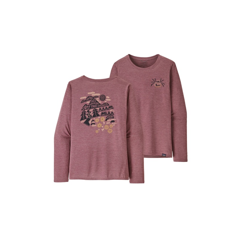 Patagonia Women’s Long-Sleeved Capilene Cool Daily Graphic Shirt – Lands Across The Trail: Evening Mauve X-Dye Small