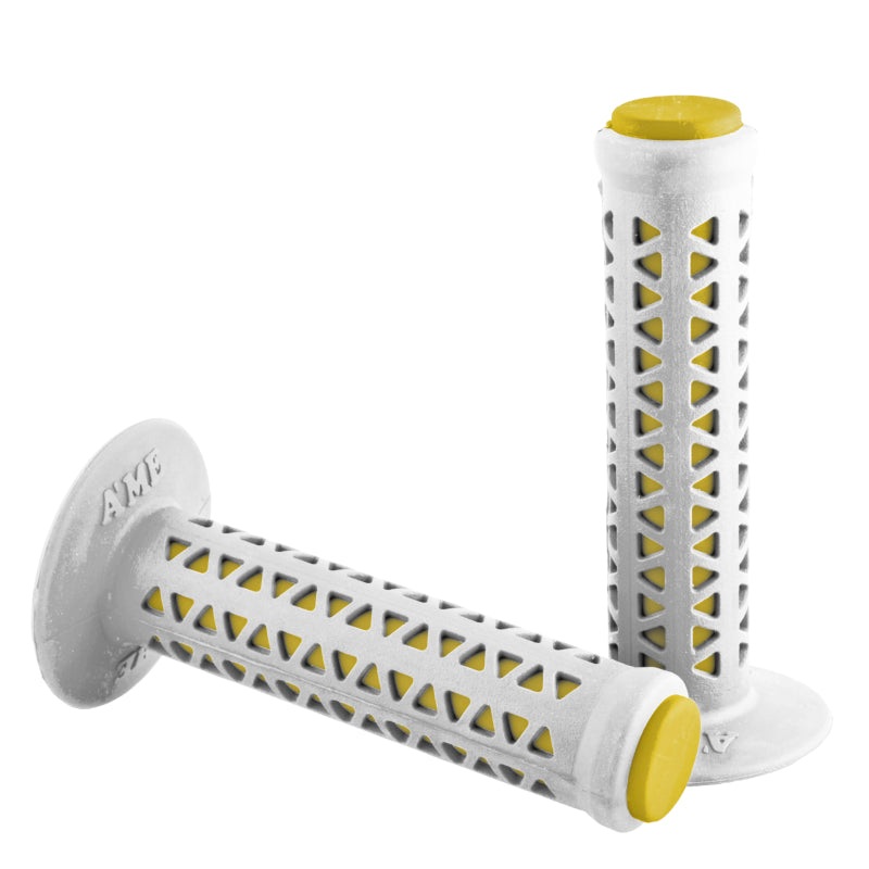 AME Unitron re-issue retro BMX grips – Flanged – White over Yellow – Made in the USA