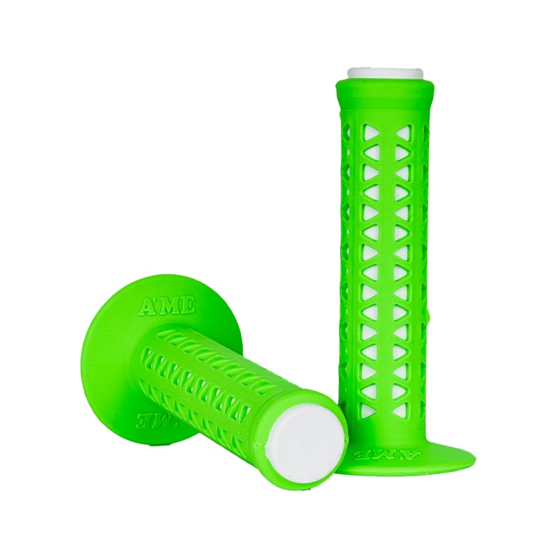 AME Unitron re-issue retro BMX grips – Flanged – Fluorescent Green over White – Made in the USA