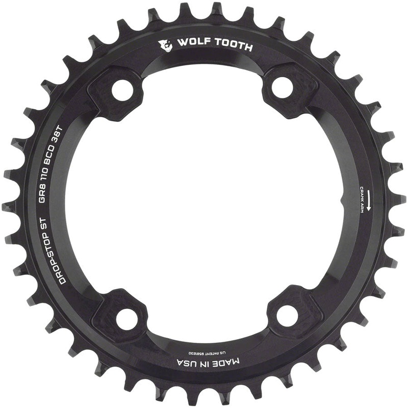 Wolf Tooth Shimano 110 Asymmetric BCD Chainring – 38t, 110 Asymmetric BCD, 4-Bolt, Drop-Stop ST, For Shimano GRX Cranks, Black