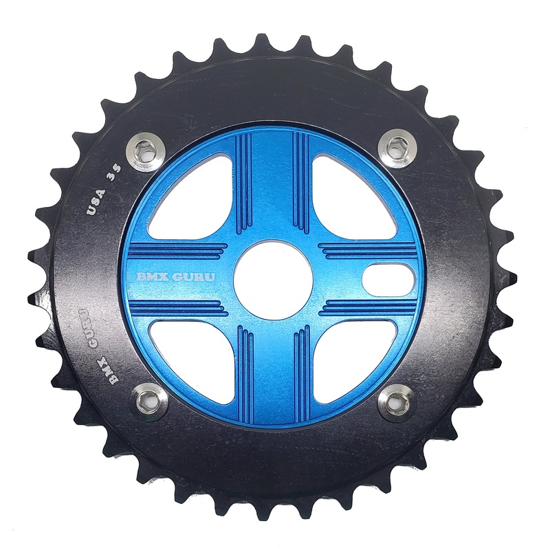 BMXGuru 35T Aluminum Spider & 4-bolt Chainring Combo – Black over Blue – USA Made